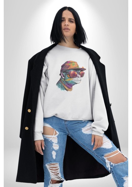Gözlük Şapka Mukalemun Kadın Erkek Beyaz Baskılı Sweatshirt