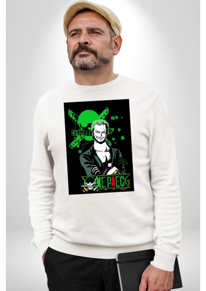 Roonoa Zoro Luffy One Piece Anime Kadın Erkek Beyaz Sweatshirt