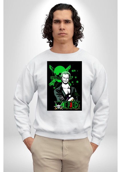 Roonoa Zoro Luffy One Piece Anime Kadın Erkek Beyaz Sweatshirt