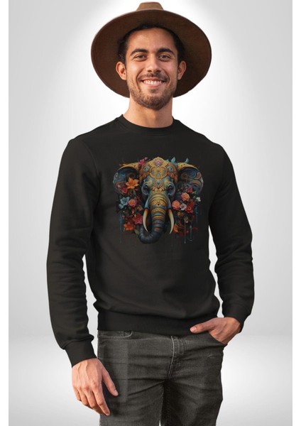 Bereket Fil Hintli Tasarım Kadın Erkek Siyah Baskılı Sweatshirt