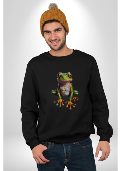 Frog Kurbağa Prens Kadın Erkek Siyah Baskılı Sweatshirt