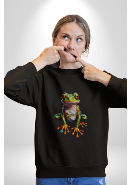 Frog Kurbağa Prens Kadın Erkek Siyah Baskılı Sweatshirt