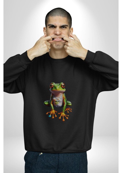 Frog Kurbağa Prens Kadın Erkek Siyah Baskılı Sweatshirt