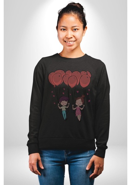 Sevgili Balon Aşk Salıncak Sevgililer Günü Kadın Erkek Siyah Baskılı Sweatshirt