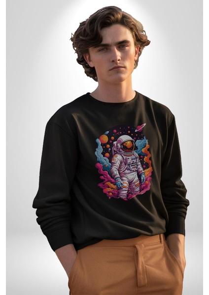 Ay Mars Astronot Kadın Erkek Siyah Baskılı Sweatshirt