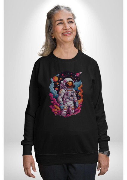 Ay Mars Astronot Kadın Erkek Siyah Baskılı Sweatshirt fiyatları