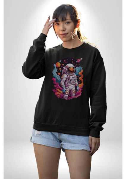 Ay Mars Astronot Kadın Erkek Siyah Baskılı Sweatshirt modelleri