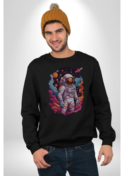 Ay Mars Astronot Kadın Erkek Siyah Baskılı Sweatshirt fırsatları