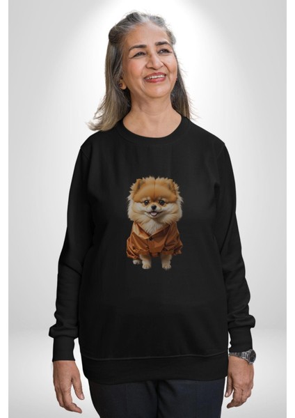 Teacup Pomernian Çeket  Kadın Erkek  Siyah Baskılı Sweatshirt