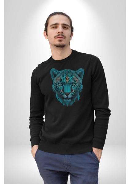 Yeşil Leopar Kafası Kadın Erkek Siyah Baskılı Sweatshirt