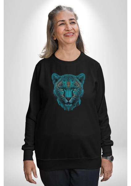 Yeşil Leopar Kafası Kadın Erkek Siyah Baskılı Sweatshirt fiyatları