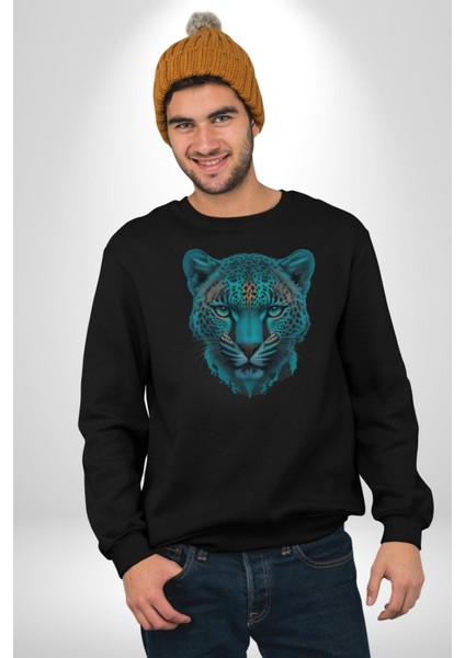 Yeşil Leopar Kafası Kadın Erkek Siyah Baskılı Sweatshirt modelleri