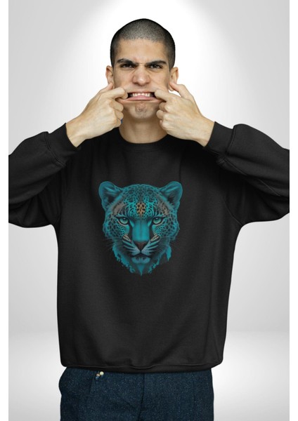 Yeşil Leopar Kafası Kadın Erkek Siyah Baskılı Sweatshirt indirimleri
