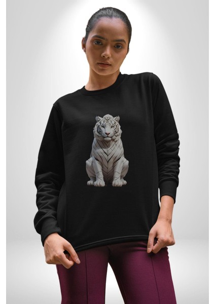 Beyaz Kaplan Kadın Erkek Siyah Baskılı Sweatshirt