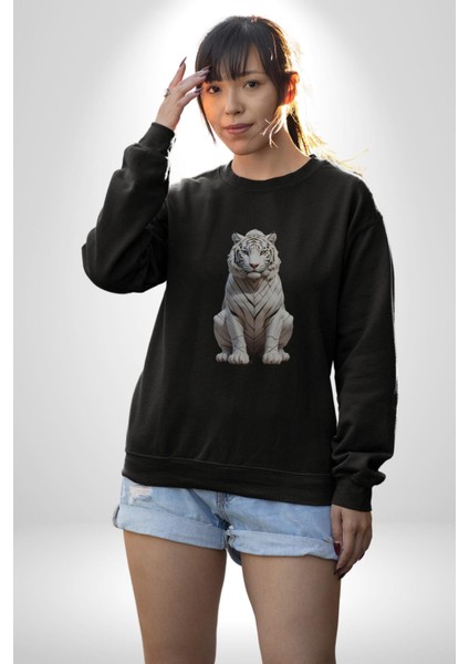 Beyaz Kaplan Kadın Erkek Siyah Baskılı Sweatshirt