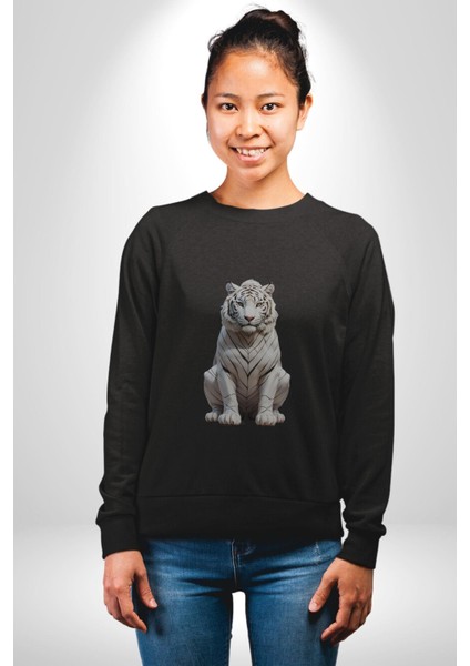 Beyaz Kaplan Kadın Erkek Siyah Baskılı Sweatshirt