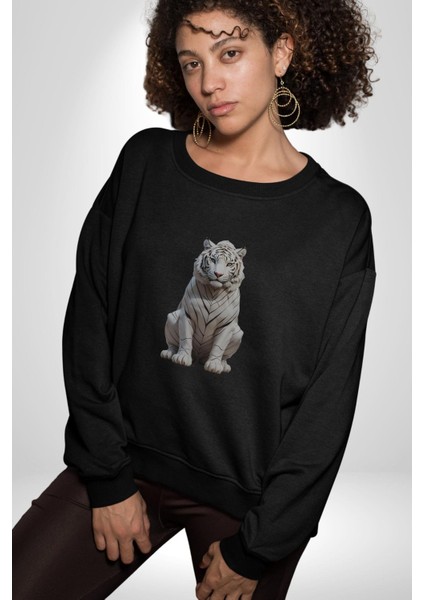 Beyaz Kaplan Kadın Erkek Siyah Baskılı Sweatshirt
