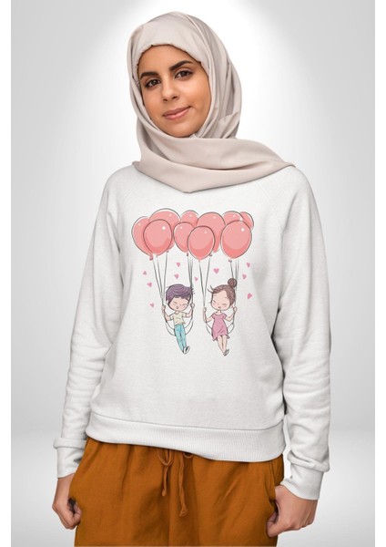 Sevgili Balon Aşk Salıncak Sevgililer Günü Kadın Erkek Beyaz Baskılı Sweatshirt