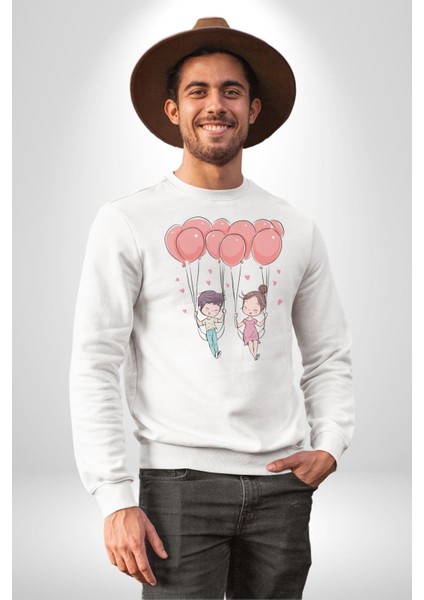 Sevgili Balon Aşk Salıncak Sevgililer Günü Kadın Erkek Beyaz Baskılı Sweatshirt