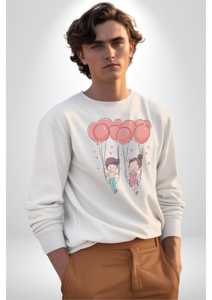 Sevgili Balon Aşk Salıncak Sevgililer Günü Kadın Erkek Beyaz Baskılı Sweatshirt