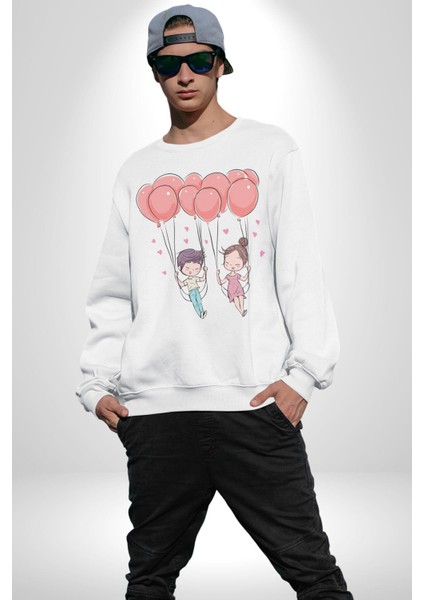 Sevgili Balon Aşk Salıncak Sevgililer Günü Kadın Erkek Beyaz Baskılı Sweatshirt