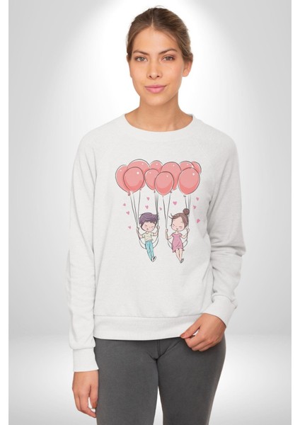 Sevgili Balon Aşk Salıncak Sevgililer Günü Kadın Erkek Beyaz Baskılı Sweatshirt