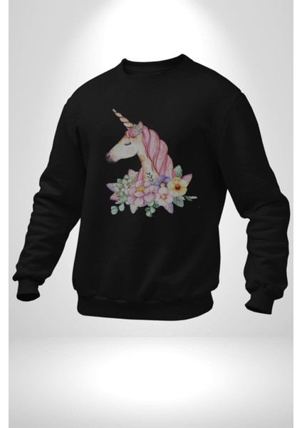 Unicorn Çiçek Kadın Erkek Siyah Baskılı Sweatshirt