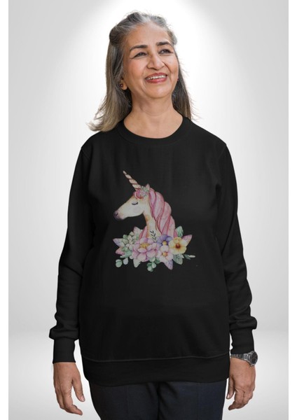 Unicorn Çiçek Kadın Erkek Siyah Baskılı Sweatshirt