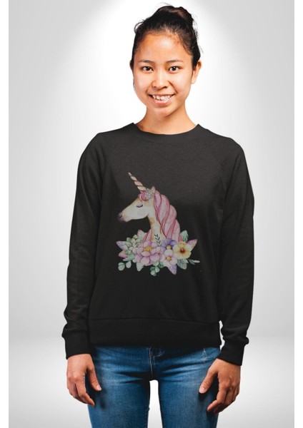 Unicorn Çiçek Kadın Erkek Siyah Baskılı Sweatshirt