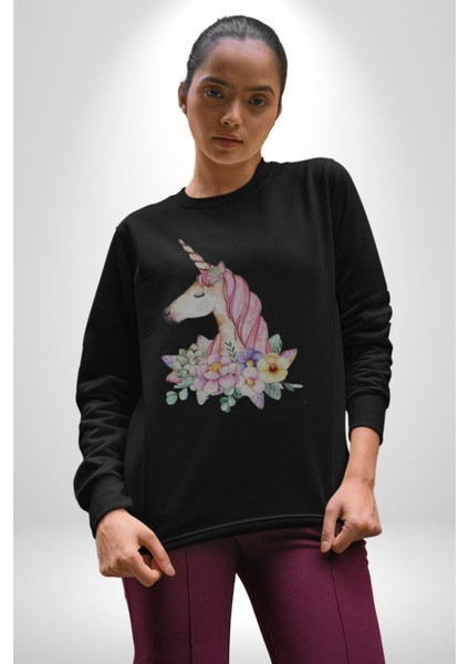 Unicorn Çiçek Kadın Erkek Siyah Baskılı Sweatshirt