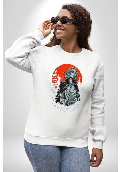 Tokyo Revengers Mikey Red Moon Kadın Erkek Beyaz Sweatshirt