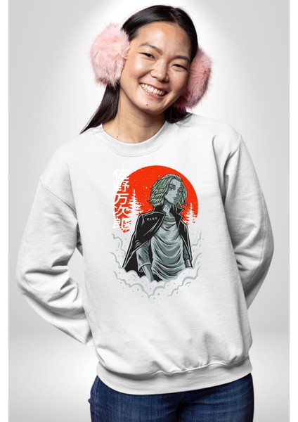 Tokyo Revengers Mikey Red Moon Kadın Erkek Beyaz Sweatshirt