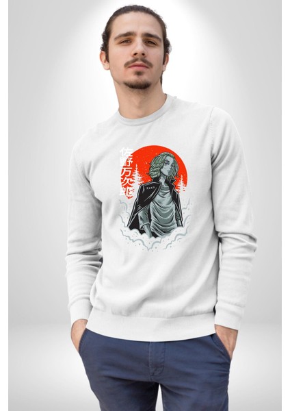 Tokyo Revengers Mikey Red Moon Kadın Erkek Beyaz Sweatshirt