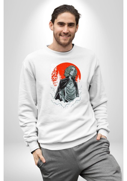 Tokyo Revengers Mikey Red Moon Kadın Erkek Beyaz Sweatshirt