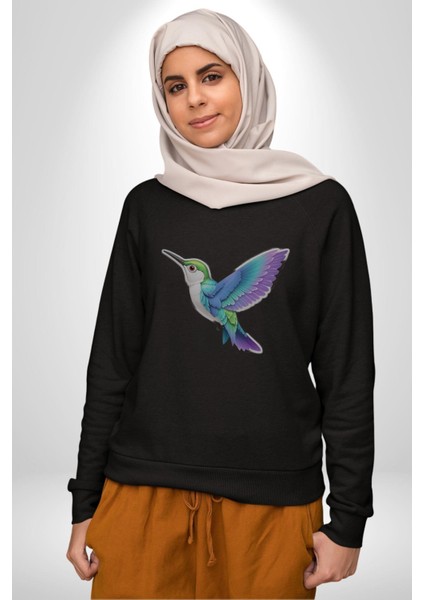 Sinek Kuşu Renkli Kadın Erkek Siyah Baskılı Sweatshirt