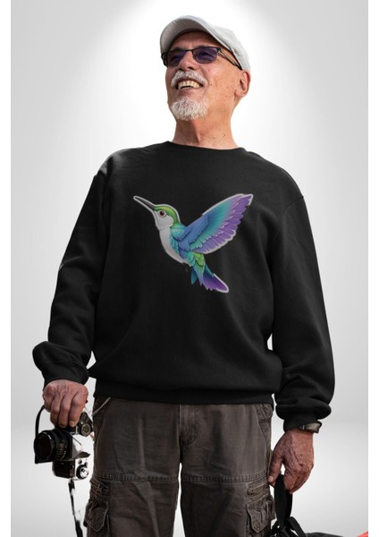 Sinek Kuşu Renkli Kadın Erkek Siyah Baskılı Sweatshirt