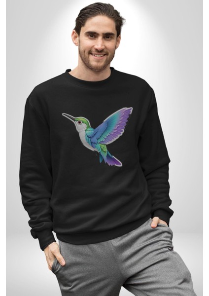 Sinek Kuşu Renkli Kadın Erkek Siyah Baskılı Sweatshirt