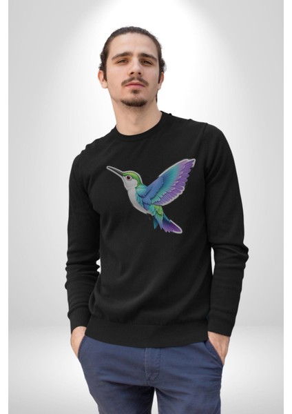 Sinek Kuşu Renkli Kadın Erkek Siyah Baskılı Sweatshirt