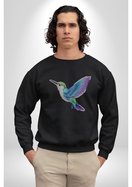 Sinek Kuşu Renkli Kadın Erkek Siyah Baskılı Sweatshirt