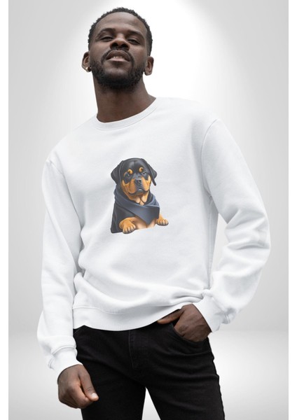 Puppy Köpek Rottweiler Kadın Erkek Beyaz Baskılı Sweatshirt