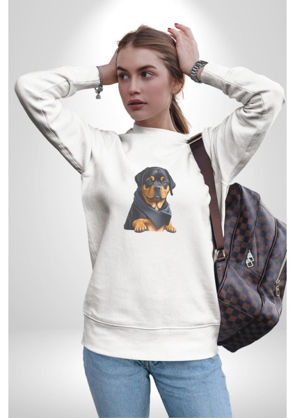 Puppy Köpek Rottweiler Kadın Erkek Beyaz Baskılı Sweatshirt fiyatları