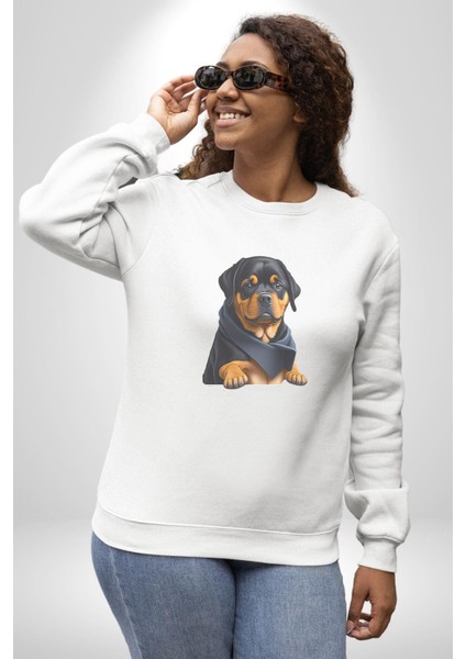 Puppy Köpek Rottweiler Kadın Erkek Beyaz Baskılı Sweatshirt fırsatları