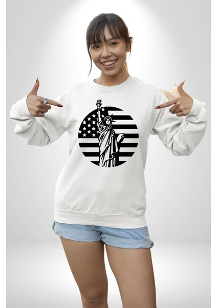 Özgürlük Anıtı ve Amerikan Bayrağı Silüeti Kadın Erkek Beyaz Sweatshirt