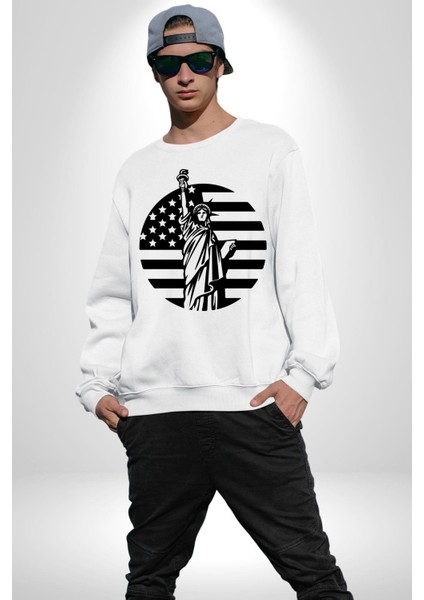 Özgürlük Anıtı ve Amerikan Bayrağı Silüeti Kadın Erkek Beyaz Sweatshirt modelleri