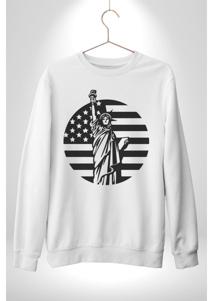 Özgürlük Anıtı ve Amerikan Bayrağı Silüeti Kadın Erkek Beyaz Sweatshirt fırsatları