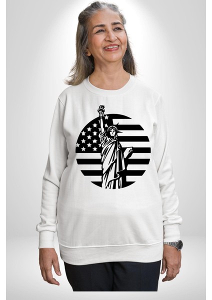 Özgürlük Anıtı ve Amerikan Bayrağı Silüeti Kadın Erkek Beyaz Sweatshirt indirimleri