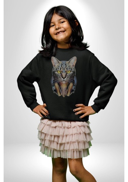 Kulaklık Kedi Kadın Erkek Siyah Baskılı Sweatshirt indirimleri