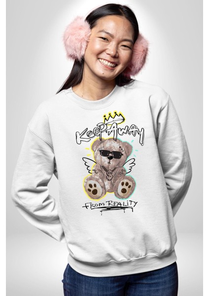 Gerçeklikten Uzak Tutun Kadın Erkek Beyaz Sweatshirt