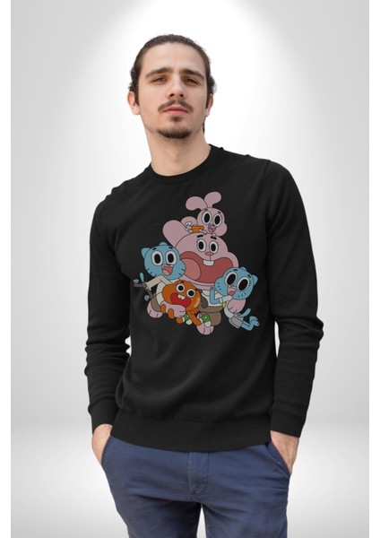 Gumbal Watteron Ailesi Kadın Erkek Siyah Baskılı Sweatshirt