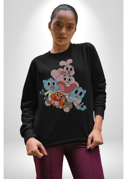 Gumbal Watteron Ailesi Kadın Erkek Siyah Baskılı Sweatshirt
